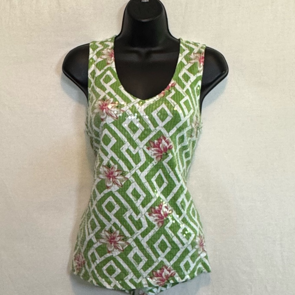 G-2 Charter Club Green White & Pink Floral Sequin Front Sleeveless Blouse Sz SP‎